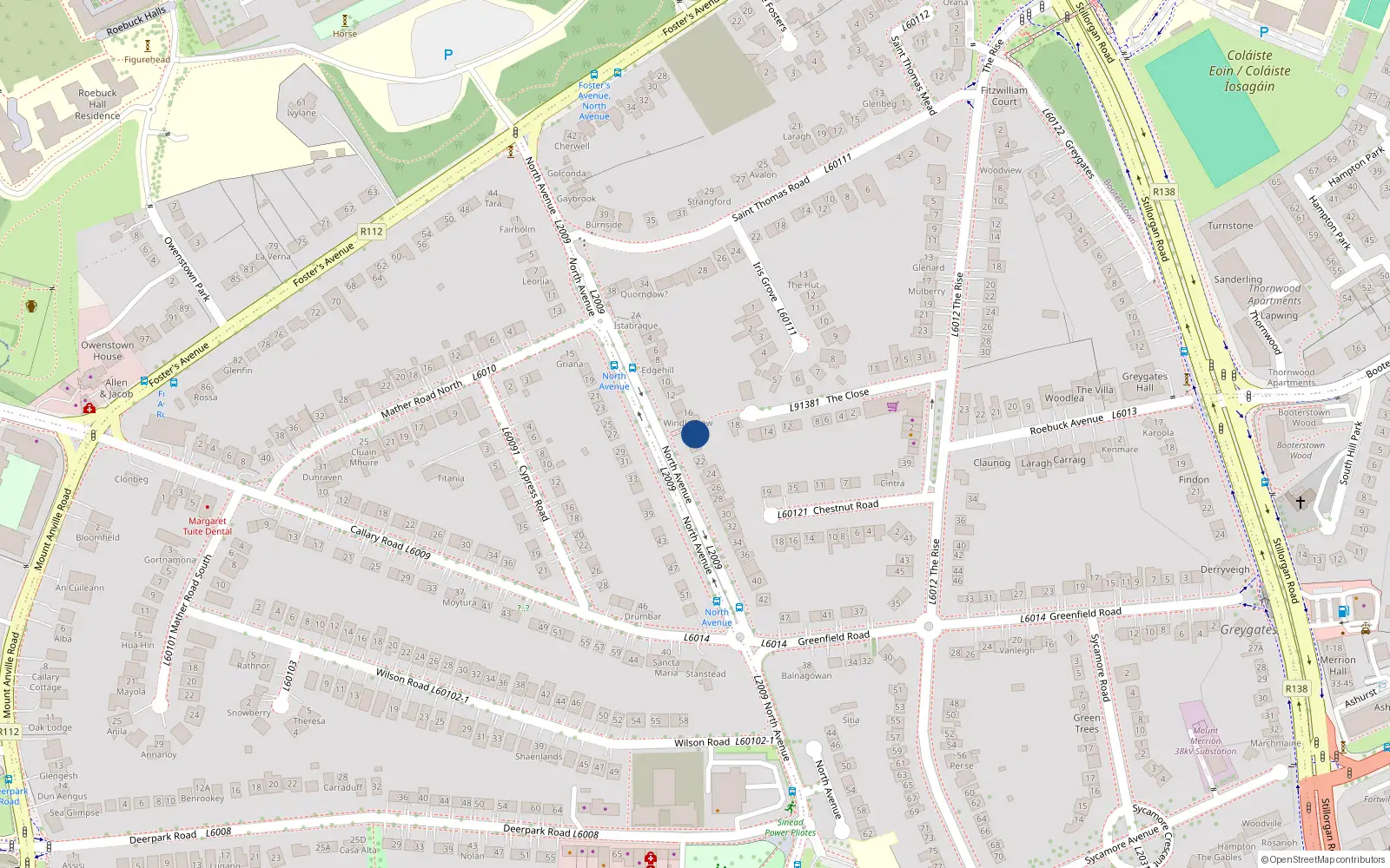 Overhead map showing the location of 18 North Avenue, Blackrock