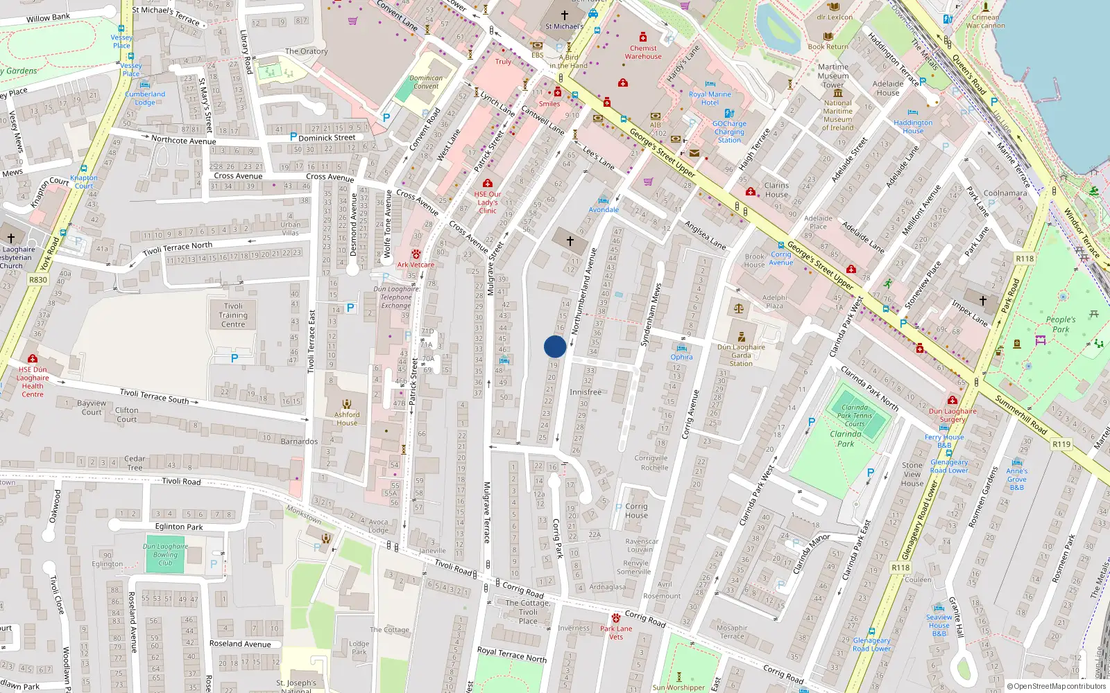 Overhead map showing the location of 18 Northumberland Avenue, Dublin