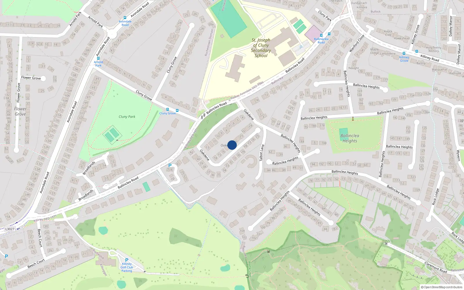 Overhead map showing the location of 18 Oakdene, Ballinclea Road, Killiney