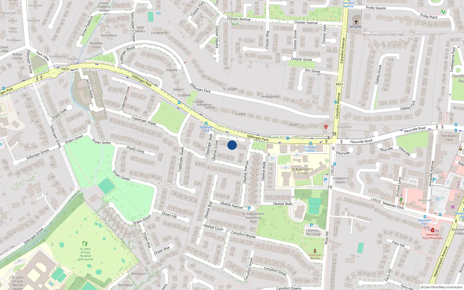 Overhead map showing the location of 18 Obelisk Grove, Blackrock