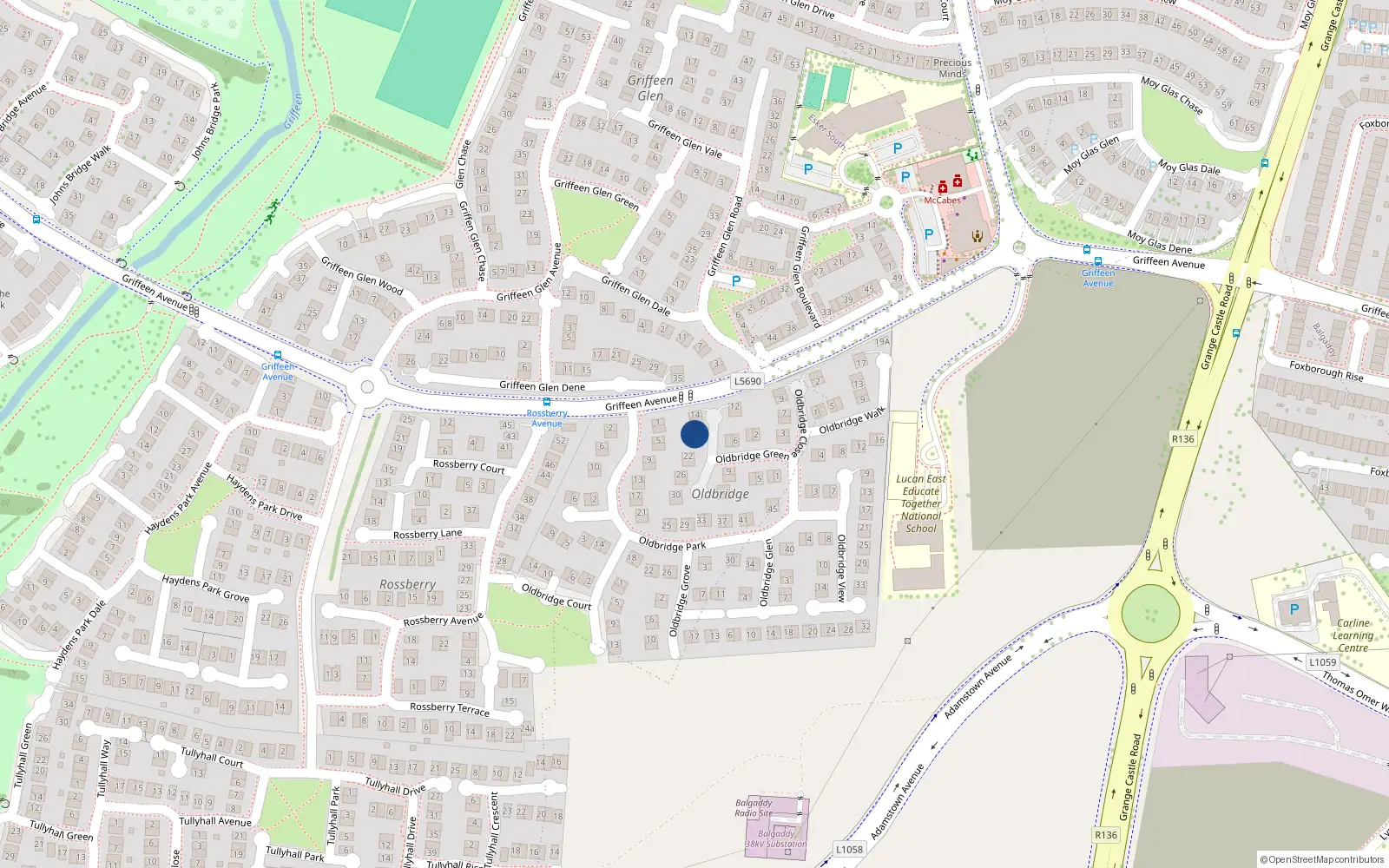 Overhead map showing the location of 18 Oldbridge Green, Lucan