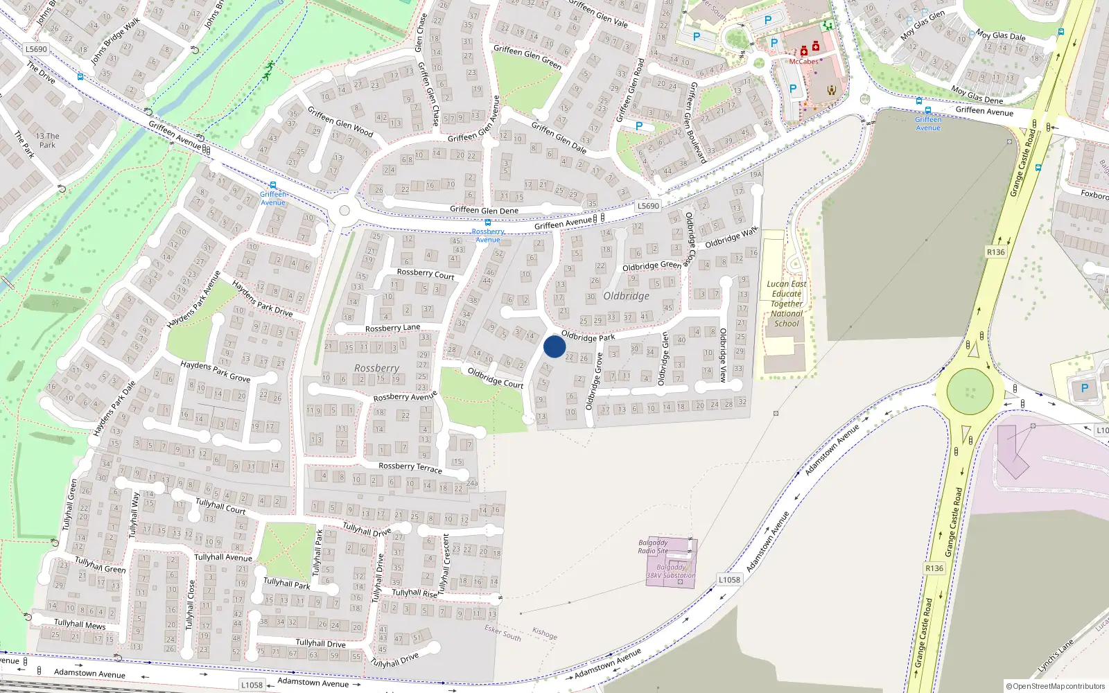 Overhead map showing the location of 18 Oldbridge Park, Lucan