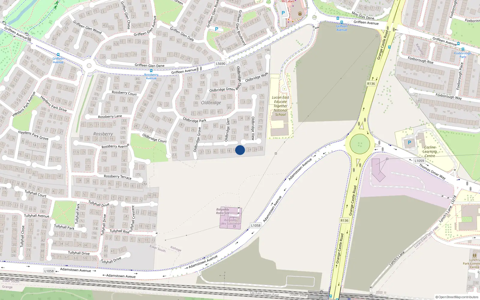 Overhead map showing the location of 18 Oldbridge View, Lucan
