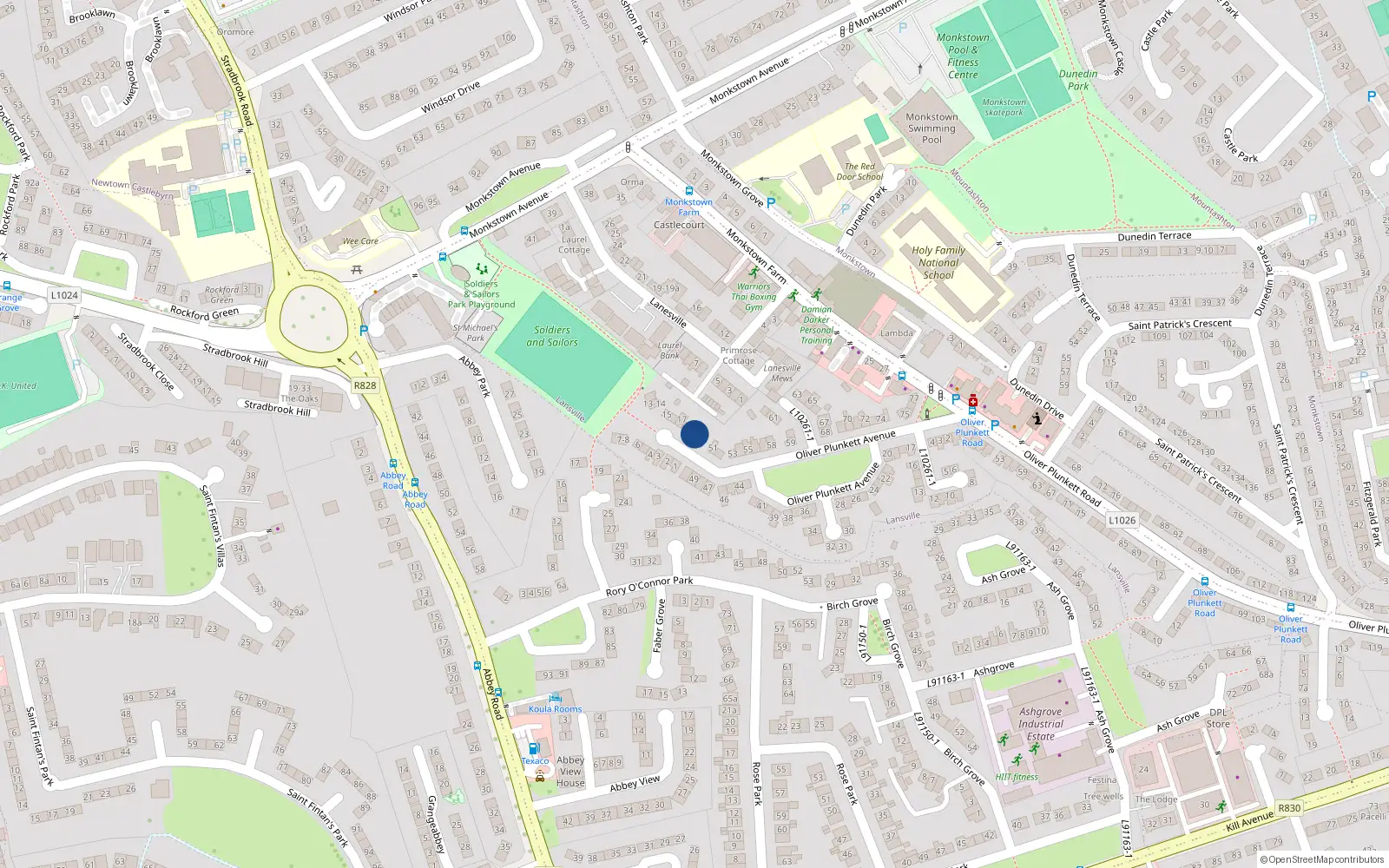 Overhead map showing the location of 18 Oliver Plunkett Villas, Dun Laoghaire
