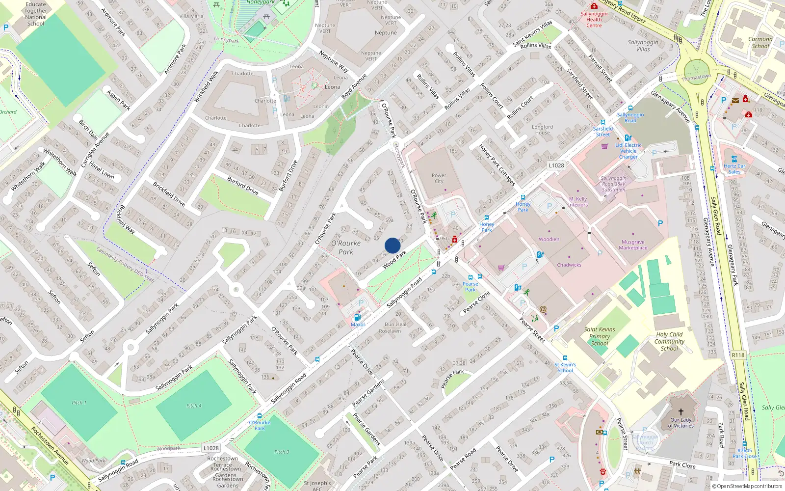 Overhead map showing the location of 18 O'Rourke Park, Sallynoggin