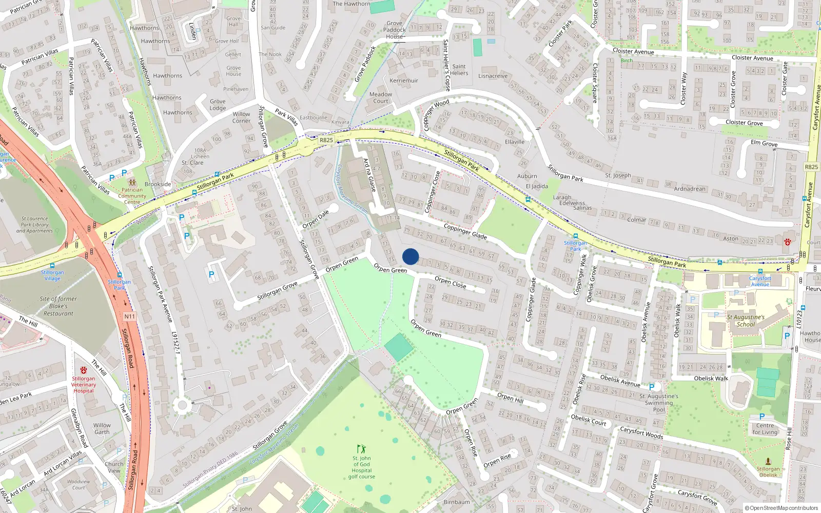 Overhead map showing the location of 18 Orpen Green, Blackrock