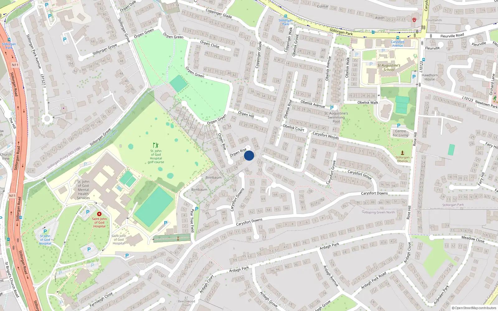 Overhead map showing the location of 18 Orpen Rise, Stillorgan, Co Dublin