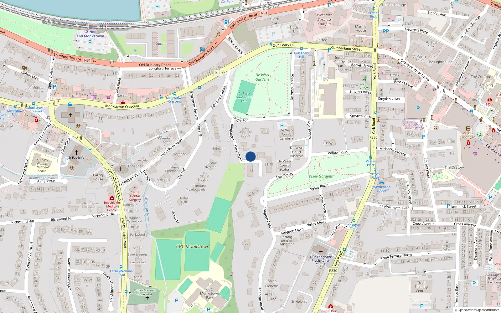 Overhead map showing the location of 18 Packenham Apts, The Slopes, Monkstown