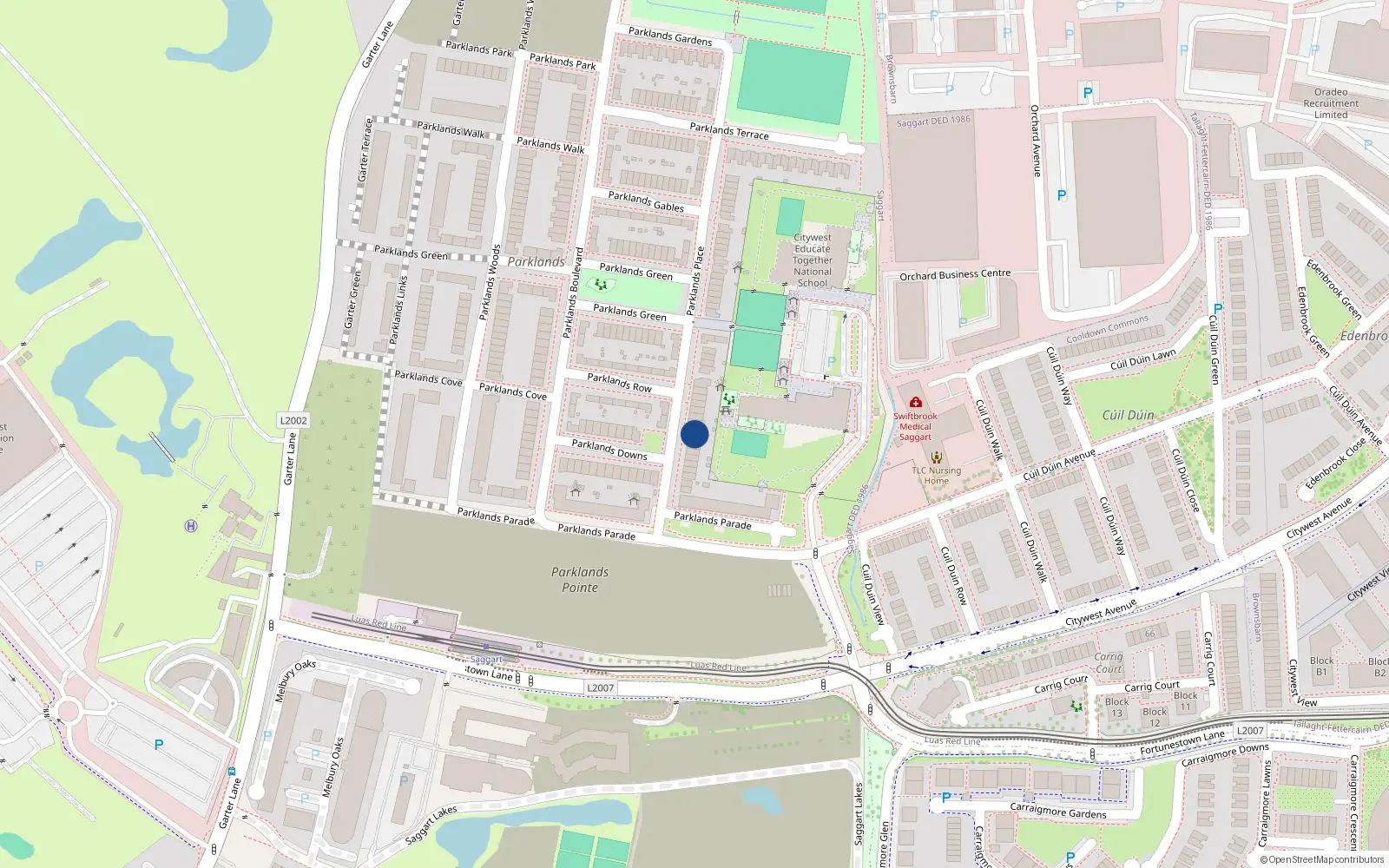 Overhead map showing the location of 18 Parklands Place, Saggart