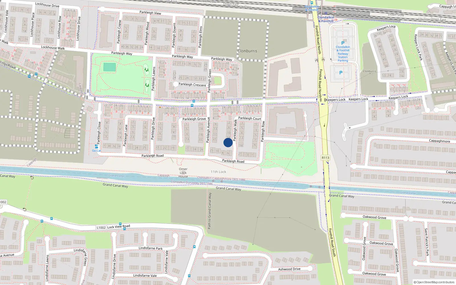 Overhead map showing the location of 18 Parkleigh Walk, Lucan