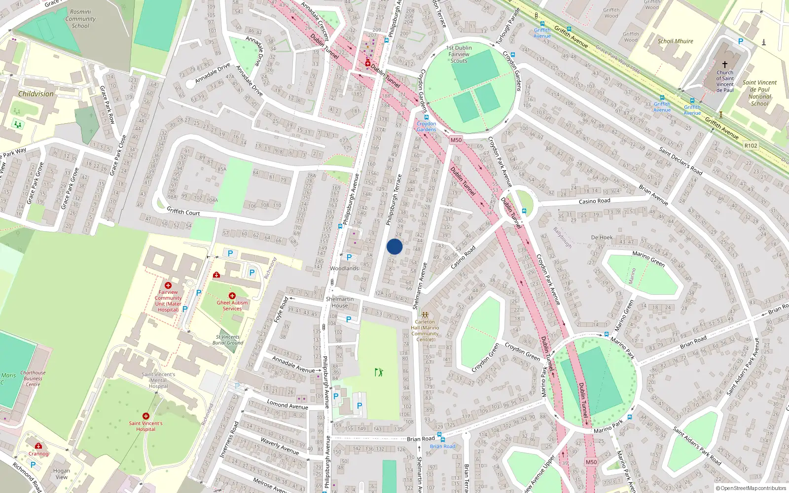 Overhead map showing the location of 18 Philipsburgh Terrace, Marino, Dublin 3