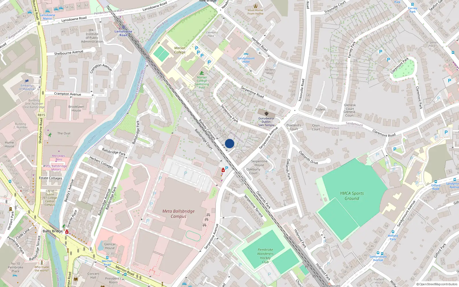 Overhead map showing the location of 18 Railway Cottages, Ballsbridge