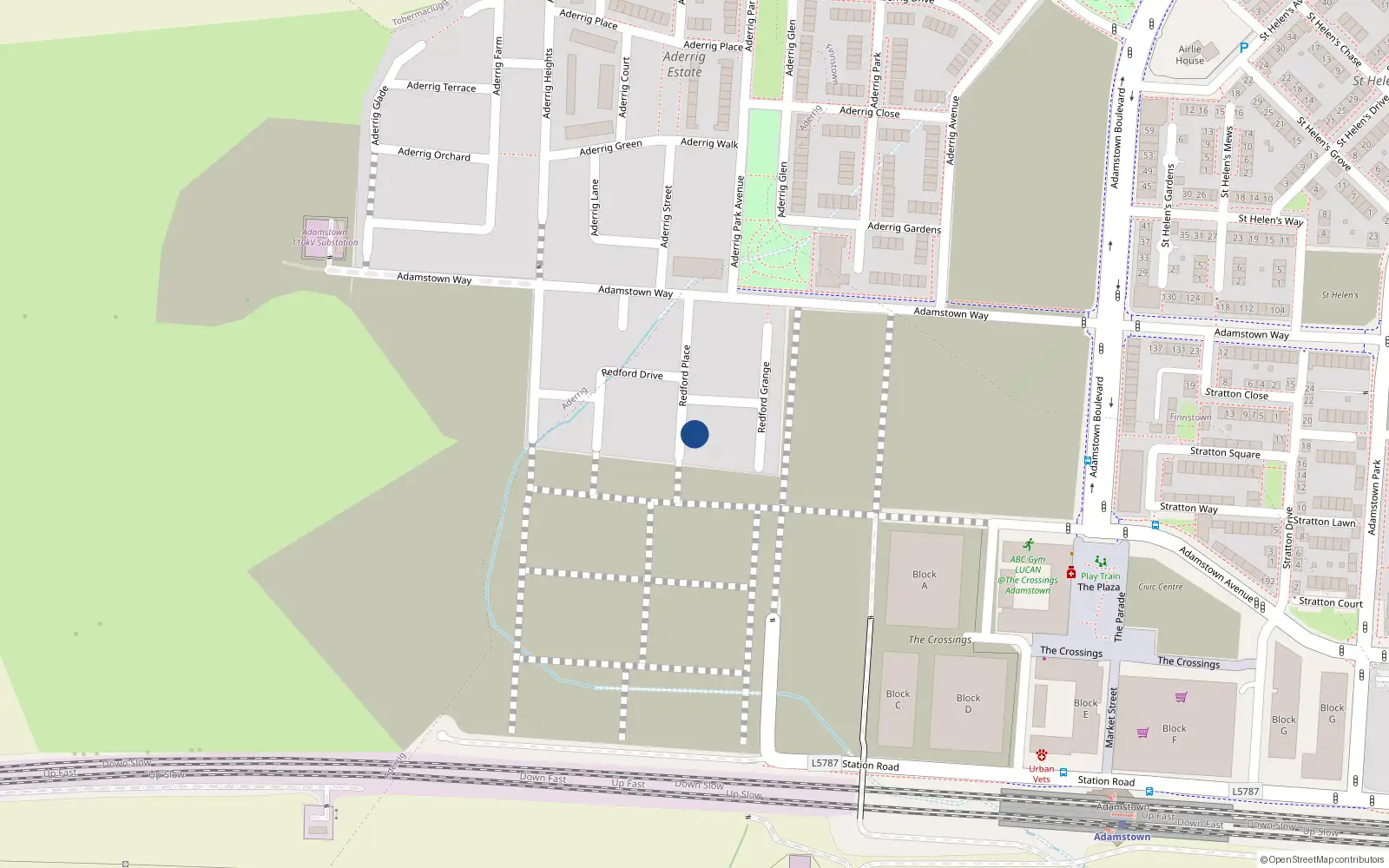 Overhead map showing the location of 18 Redford Place, Lucan