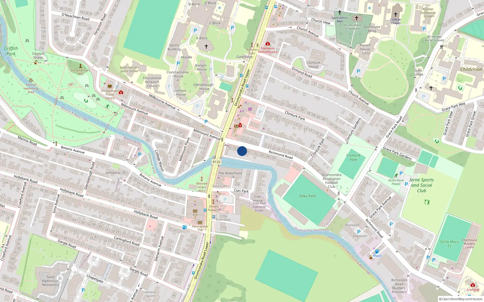 Overhead map showing the location of 18 Richmond Road, Dublin 3