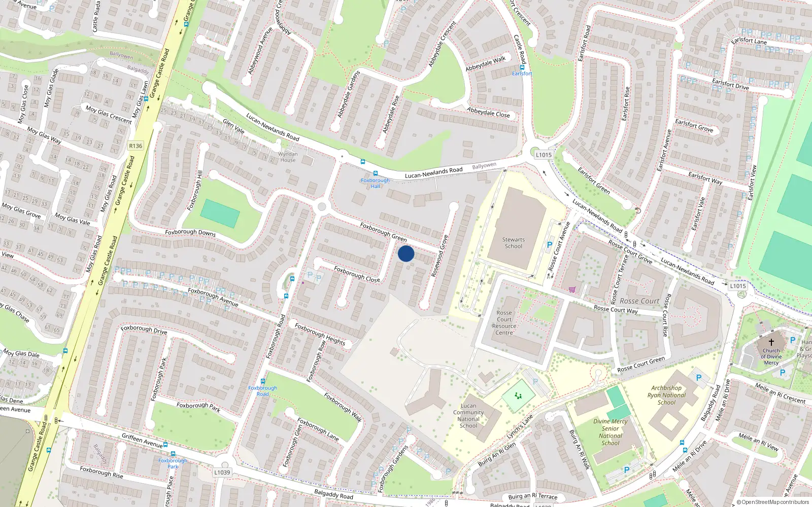 Overhead map showing the location of 18 Rosewood Grove, Lucan