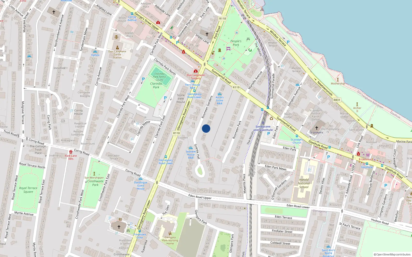Overhead map showing the location of 18 Rosmeen Gardens, Dunlaoghaire, Co Dublin