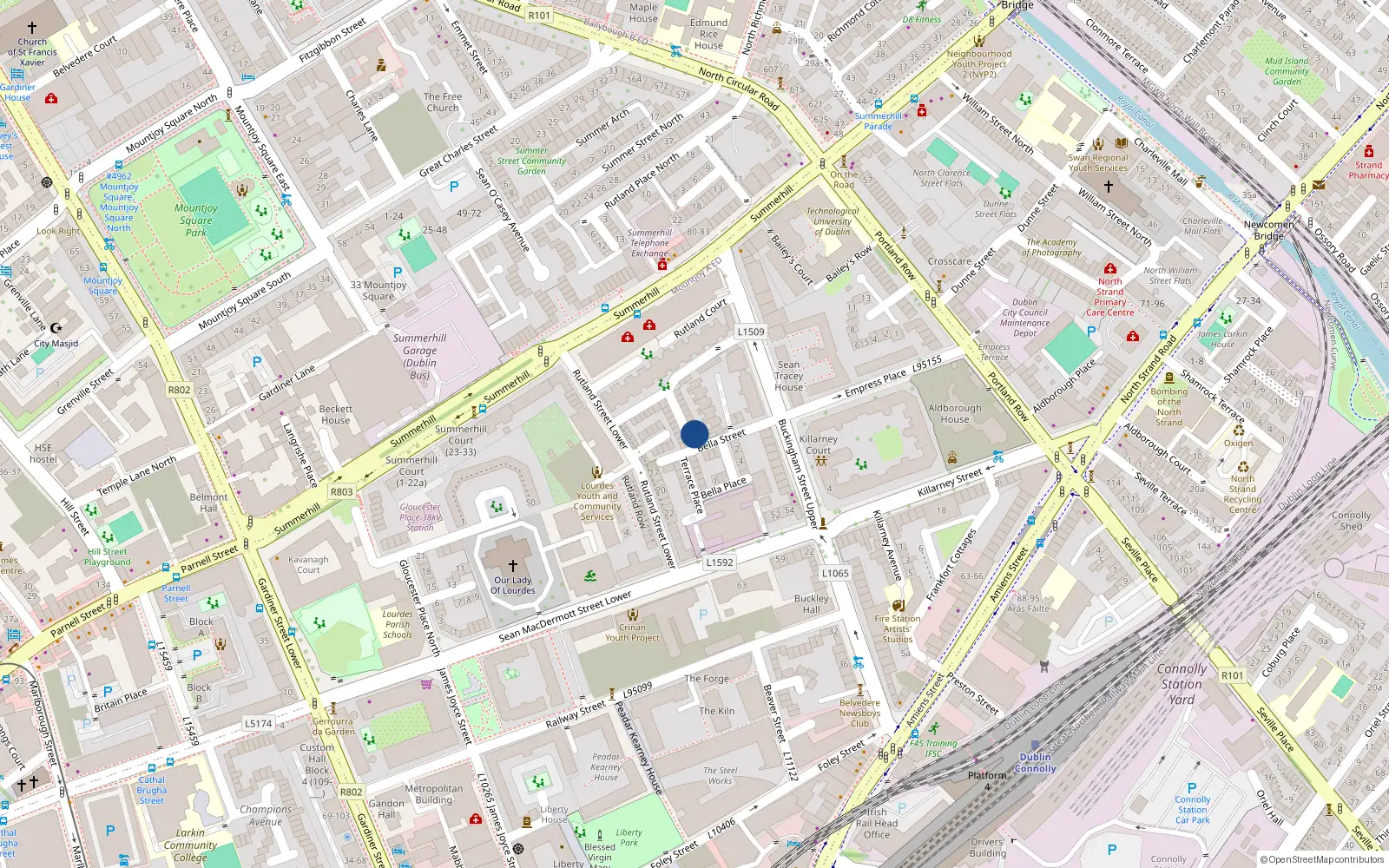 Overhead map showing the location of 18 Rutland Cottages, Summerhill, Dublin 1