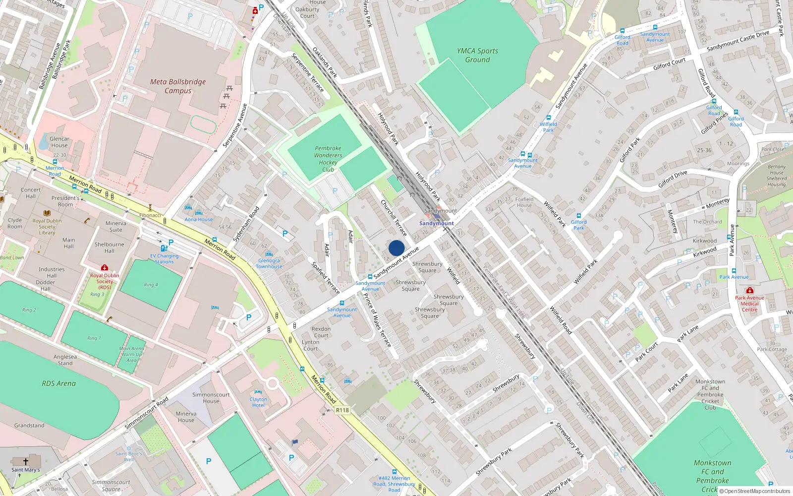 Overhead map showing the location of 18 Sandymount Avenue, Ballsbridge