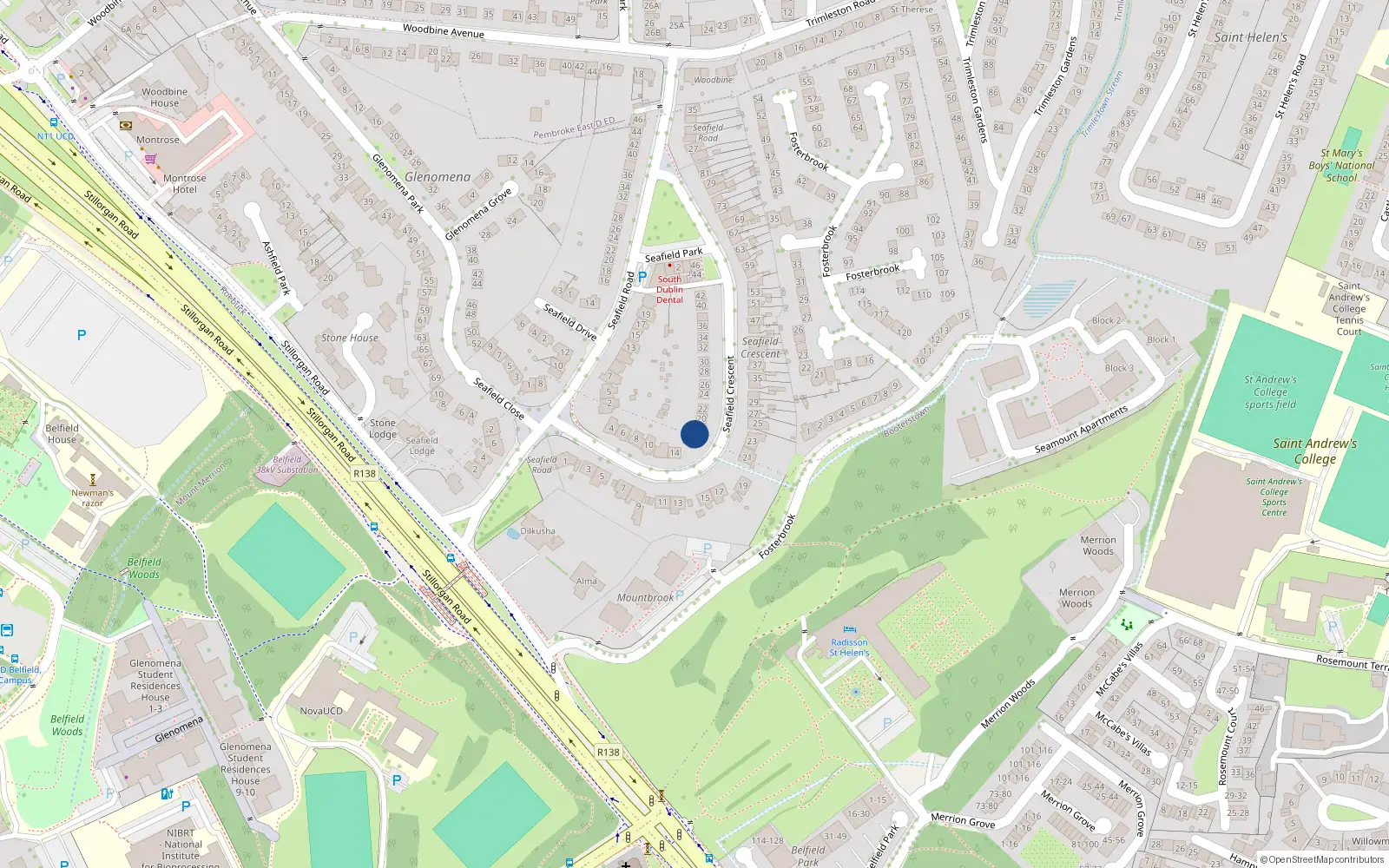 Overhead map showing the location of 18 Seafield Crescent, Blackrock, Dublin
