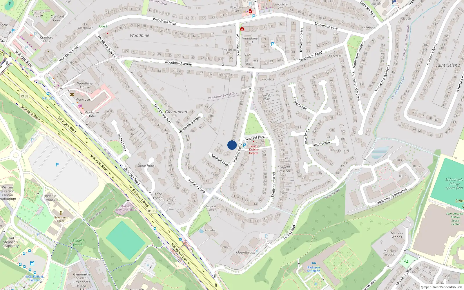 Overhead map showing the location of 18 Seafield Road, Blackrock