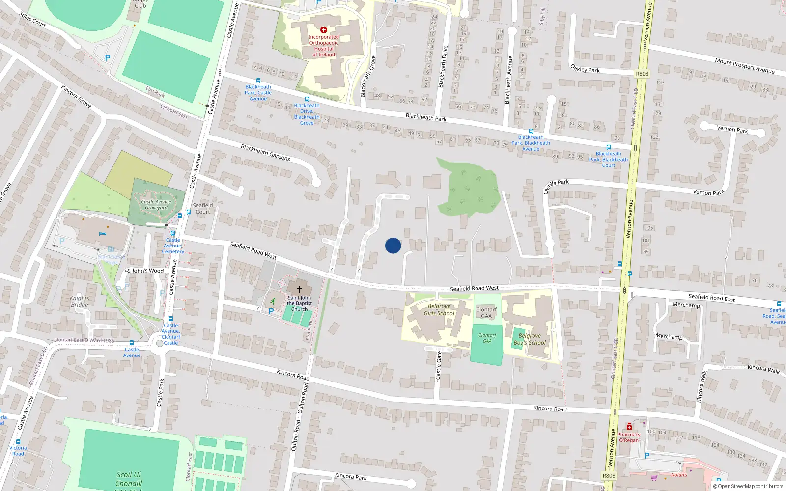 Overhead map showing the location of 24 Seafield Road West, Clontarf