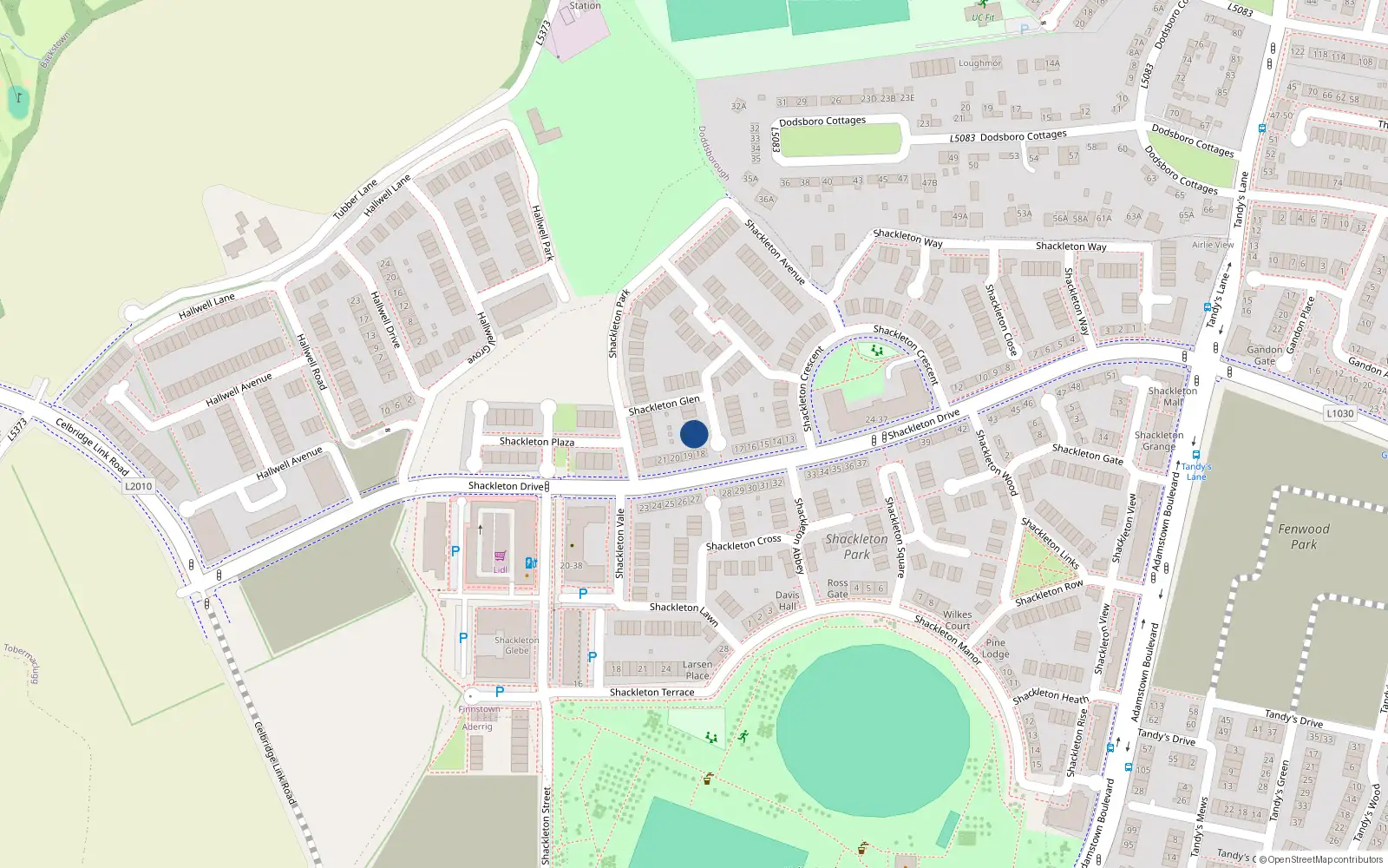 Overhead map showing the location of 18 Shackleton Glen, Lucan