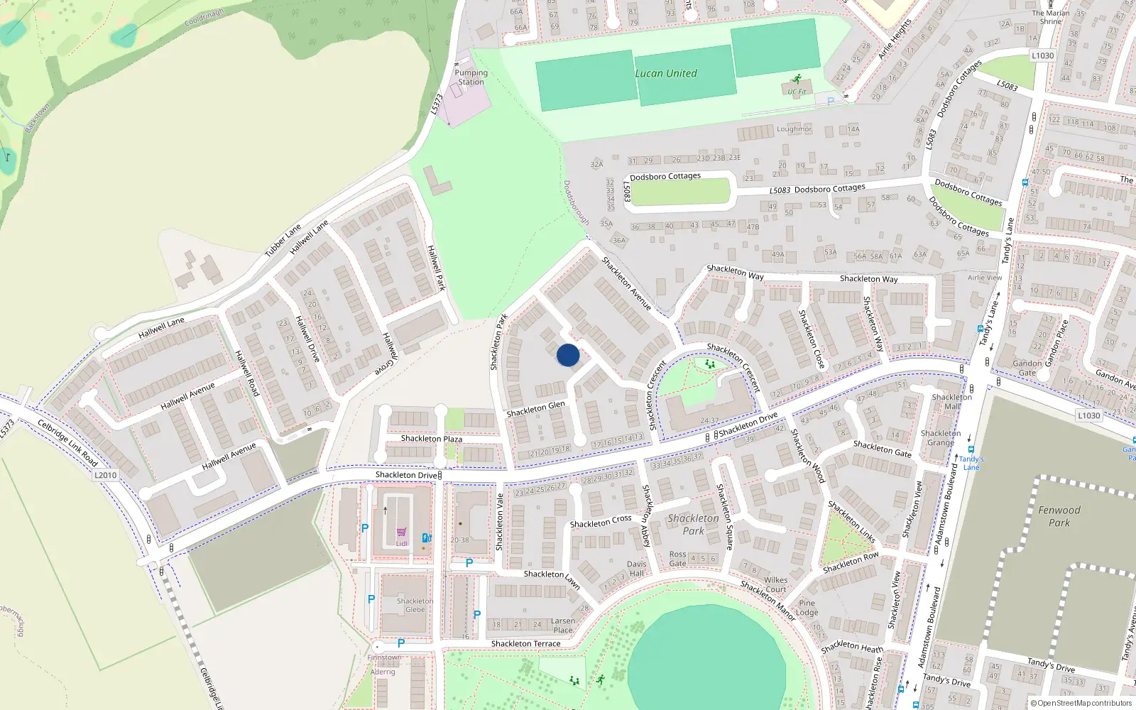 Overhead map showing the location of 18 Shackleton Grove, Lucan