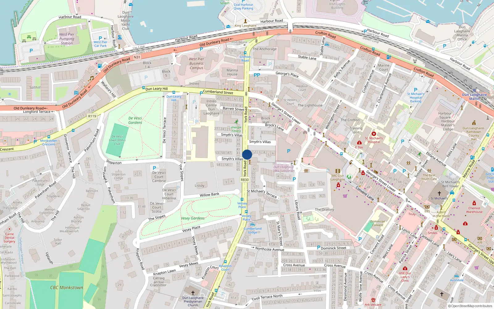 Overhead map showing the location of 18 Smith Villas, York Road, Dun Laoghaire