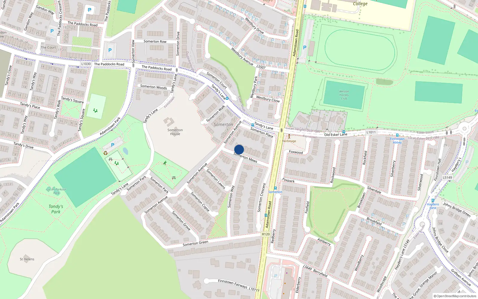 Overhead map showing the location of 18 Somerton Mews, Finnstown