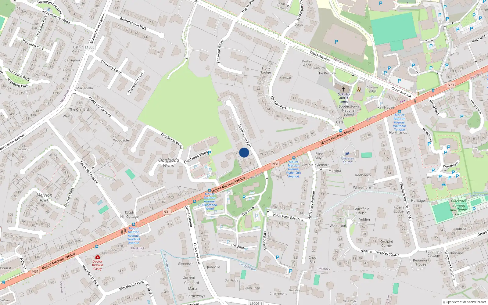 Overhead map showing the location of 18 Southwood Park, Blackrock