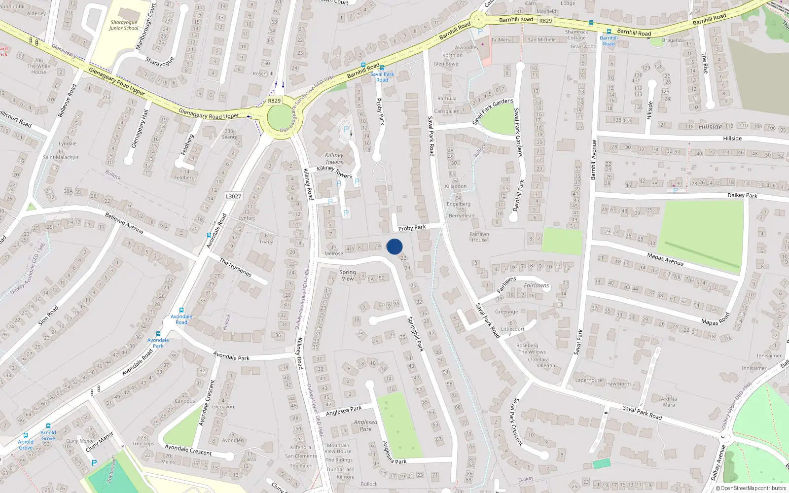 Overhead map showing the location of 18 Springhill Park, Dalkey