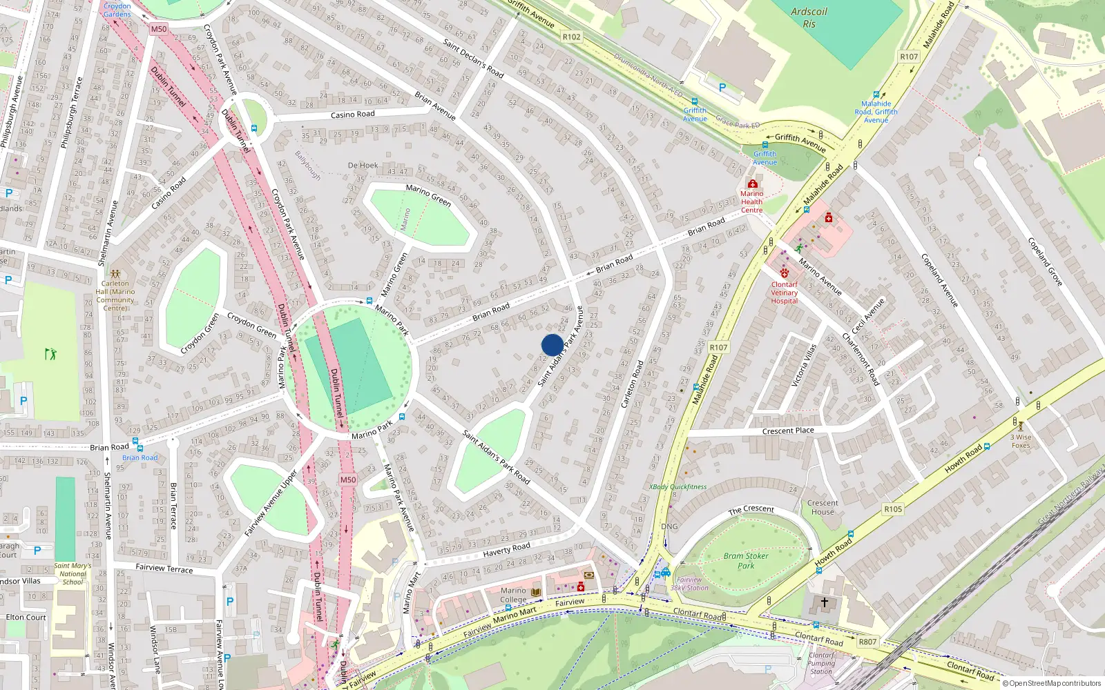 Overhead map showing the location of 18 St Aidans Park Avenue, Marino, Dublin 3