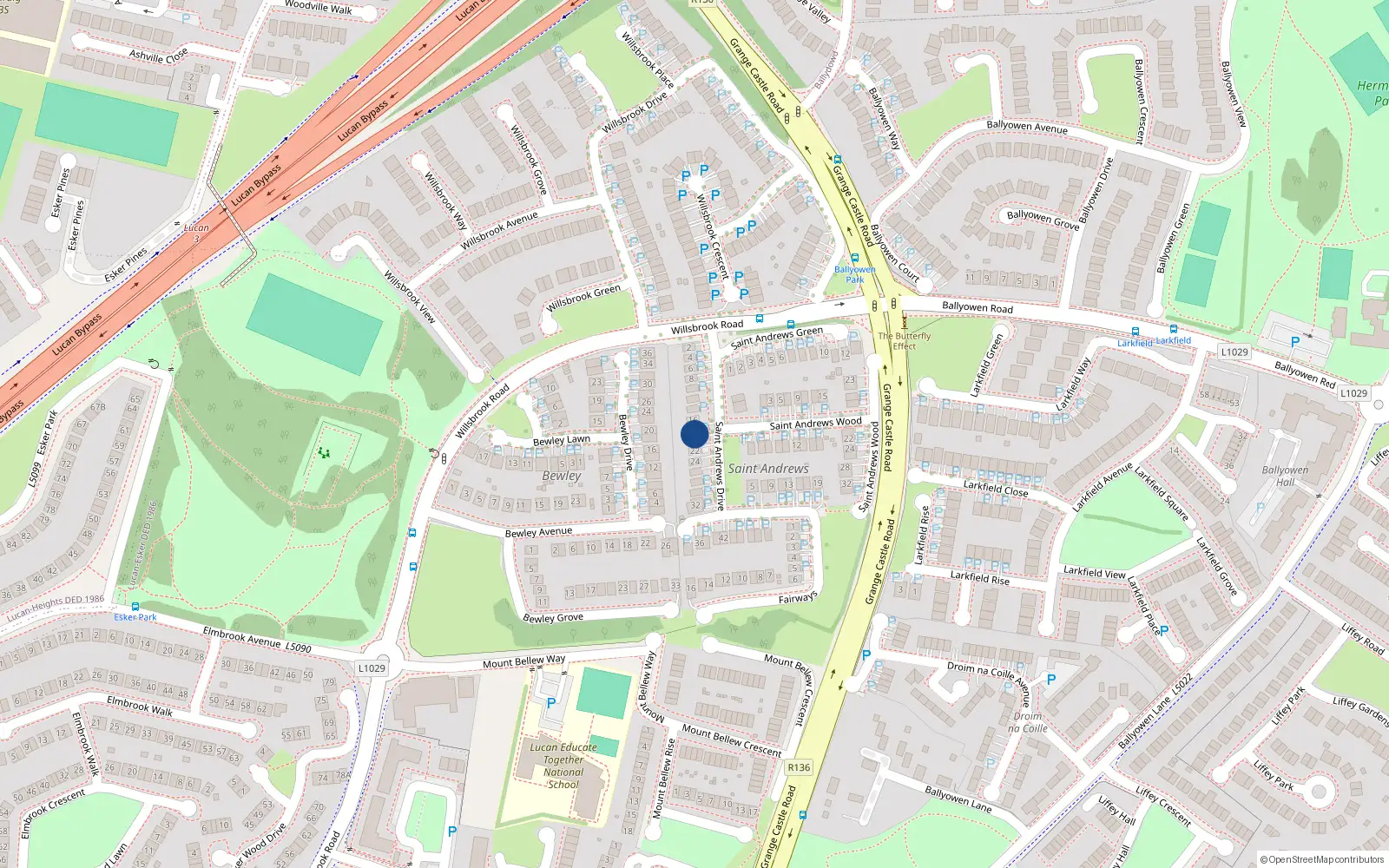 Overhead map showing the location of 18 St Andrews Drive, The Fairways, Lucan