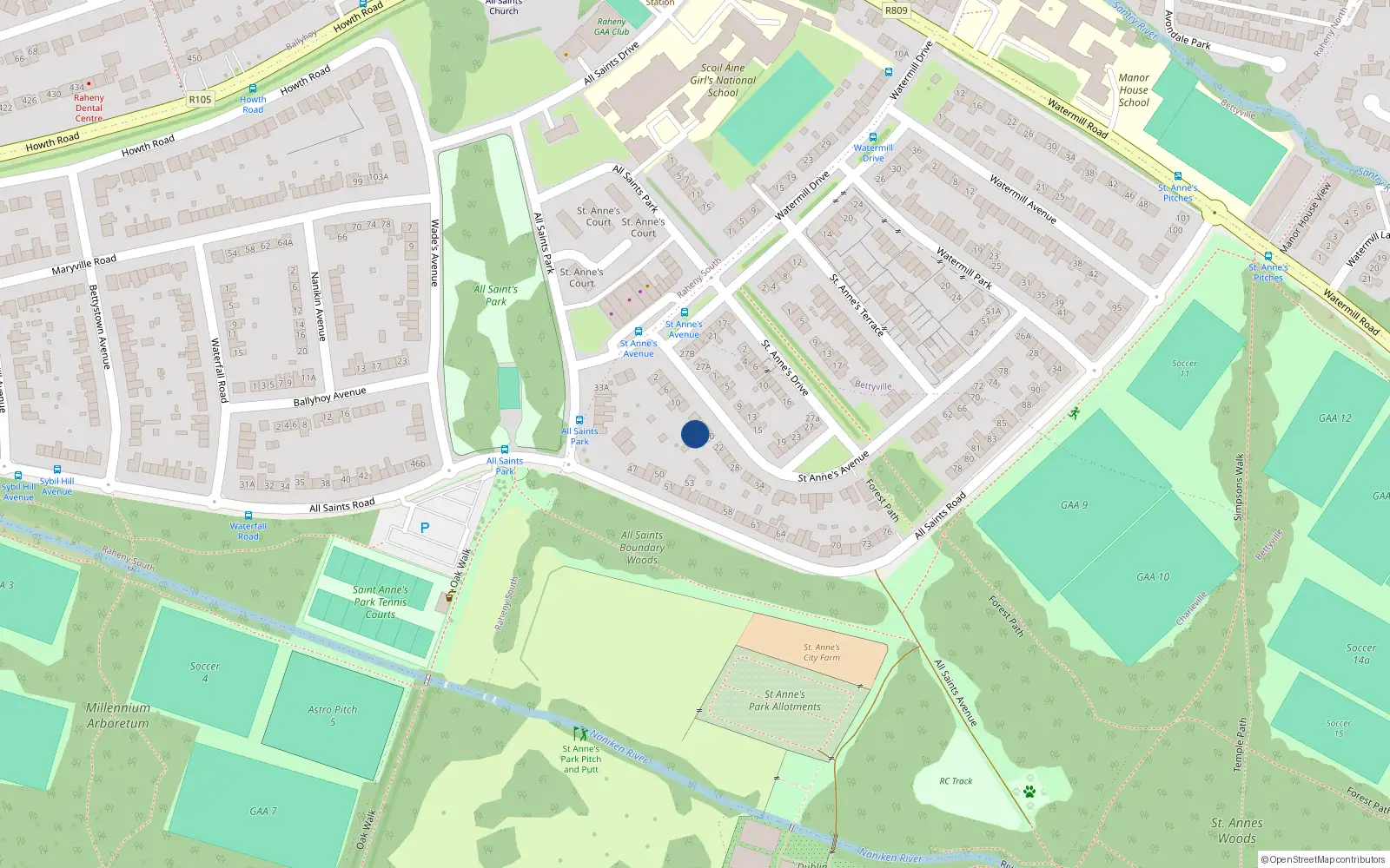 Overhead map showing the location of 18 St Annes Avenue, Raheny, Dublin 5