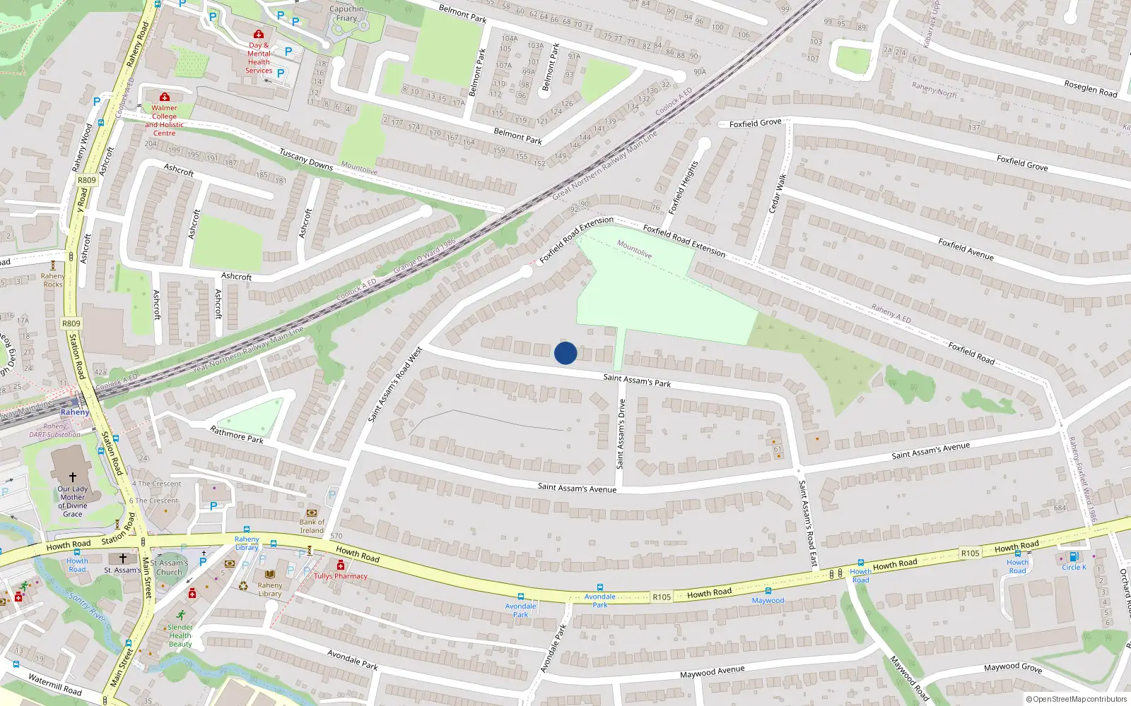Overhead map showing the location of 18 St Assams Park, Raheny, Dublin 5