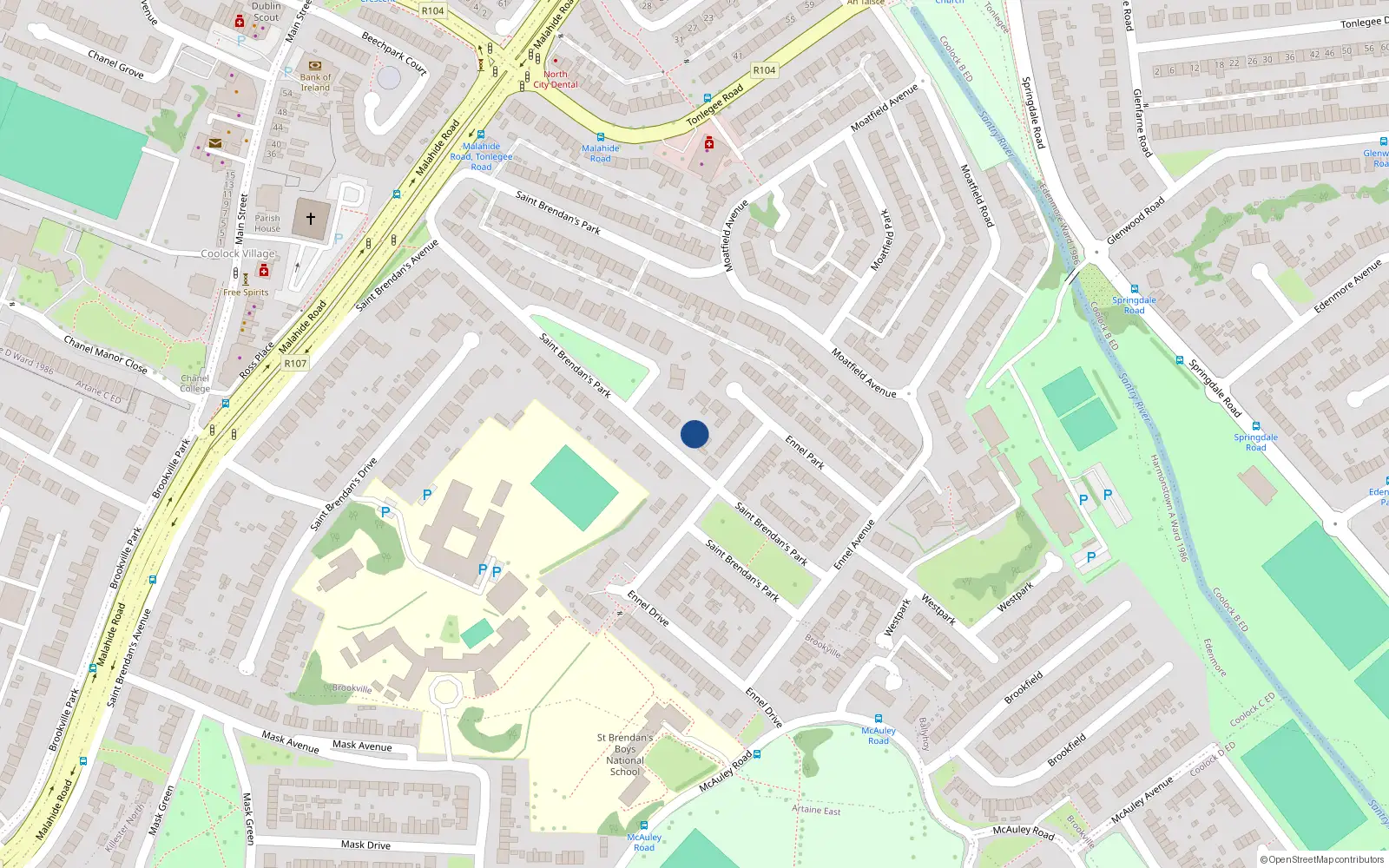 Overhead map showing the location of 18 St Brendans Park, Coolock, Dublin 5