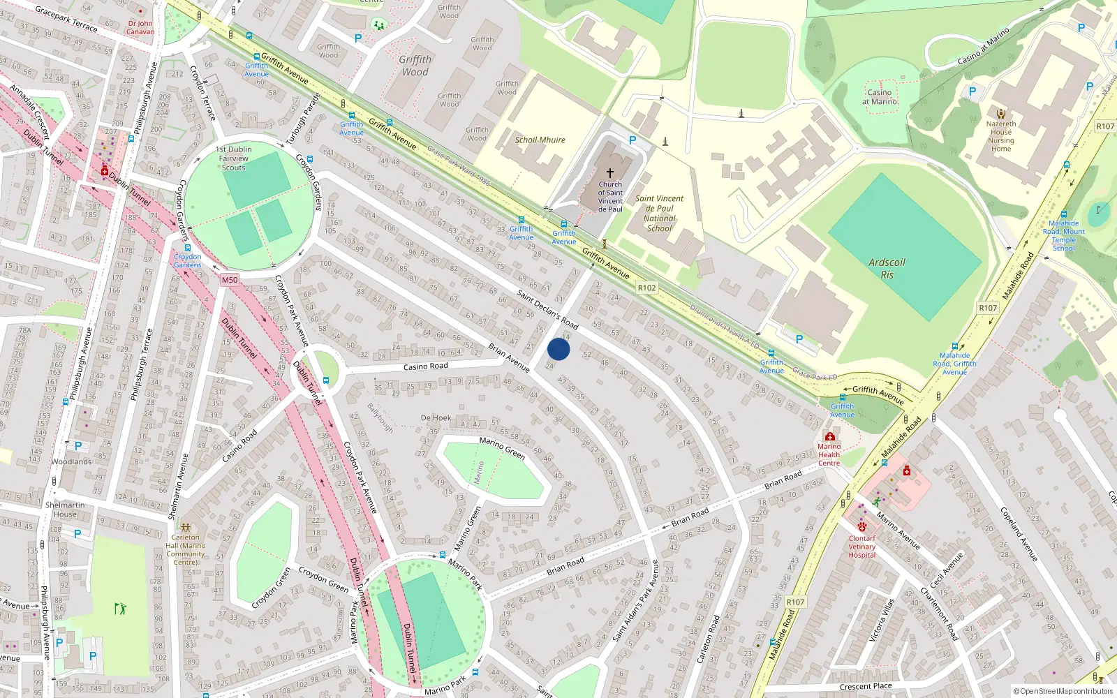 Overhead map showing the location of 18 St Declans Terrace, Marino, Dublin 3