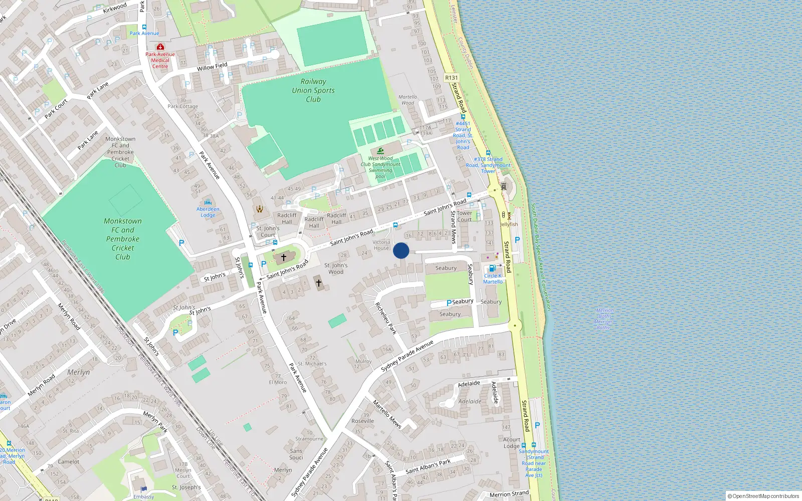 Overhead map showing the location of 18 Saint John's Road, Sandymount