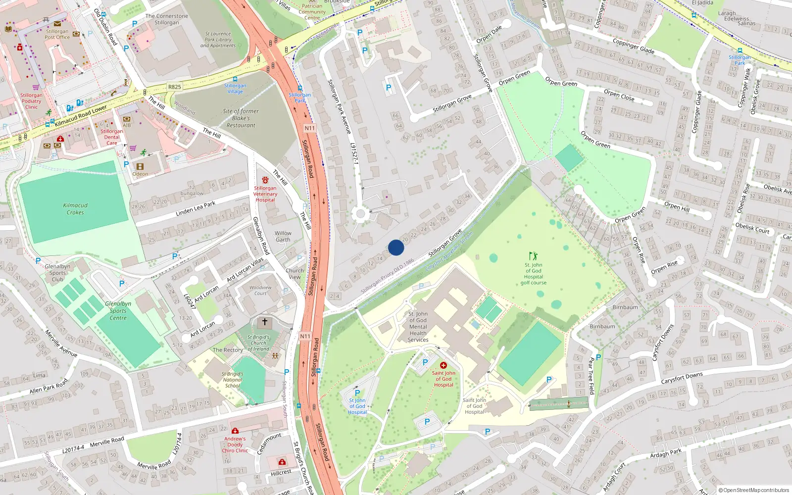 Overhead map showing the location of 18 Stillorgan Grove, Blackrock, Dublin
