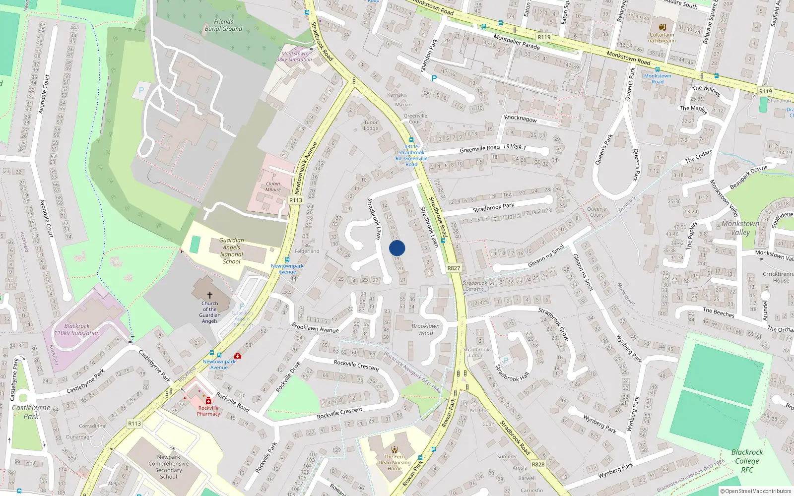 Overhead map showing the location of 18 Stradbrook Lawn, Blackrock