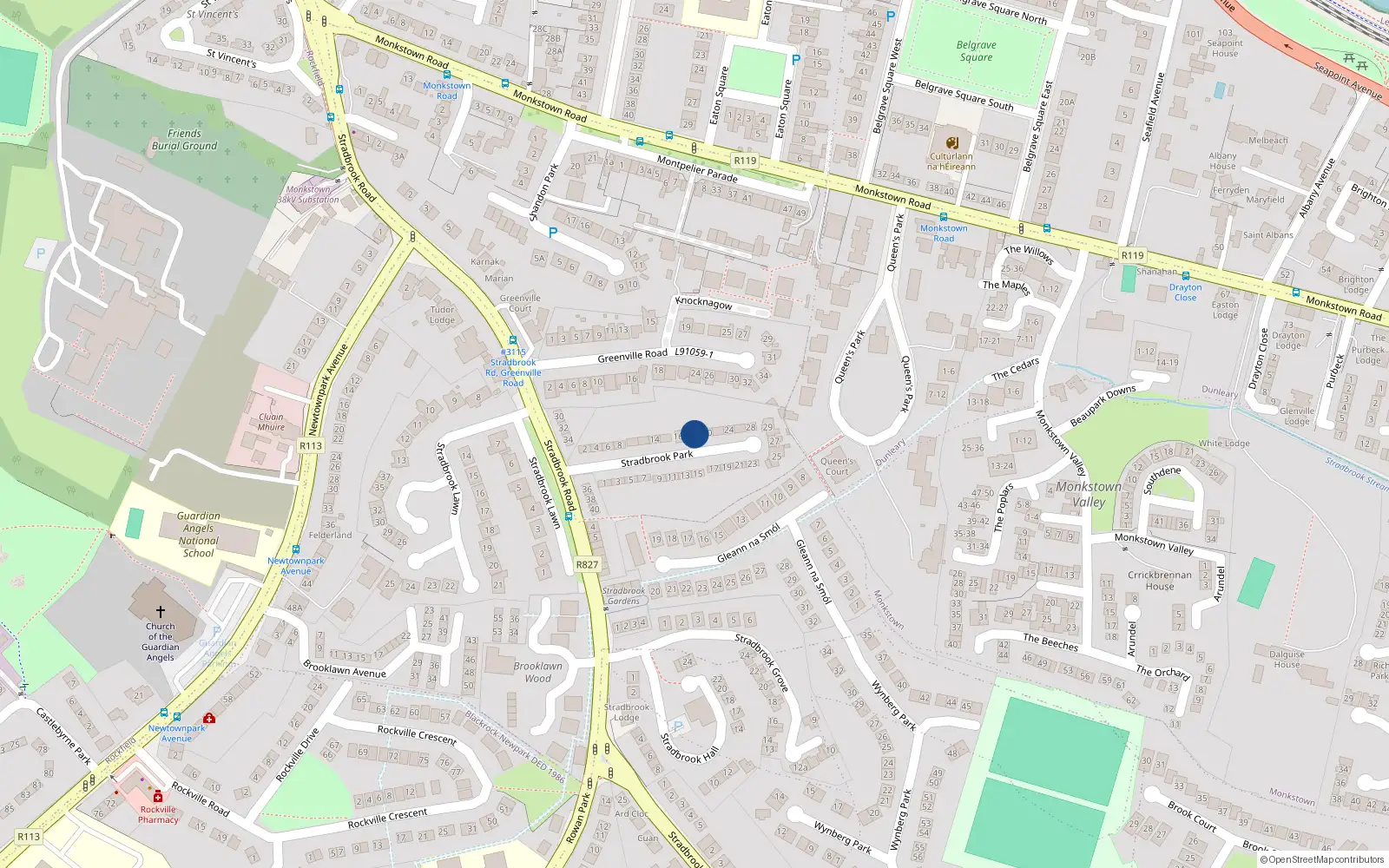 Overhead map showing the location of 18 Stradbrook Park, Blackrock, Dublin