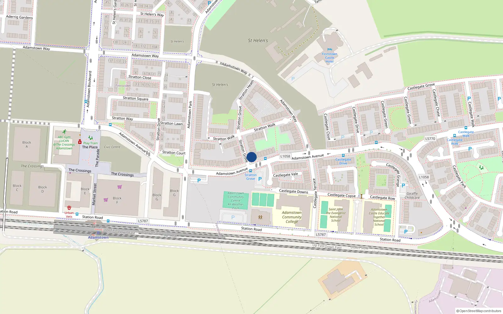 Overhead map showing the location of 18 Stratton Grove, Adamstown, Lucan