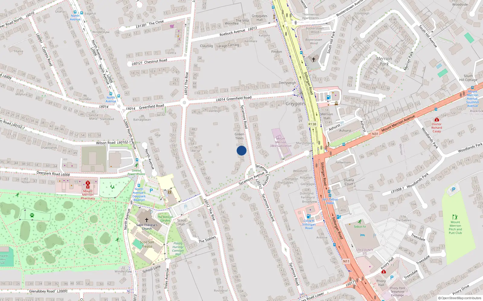 Overhead map showing the location of 18 Sycamore Crescent, Dublin