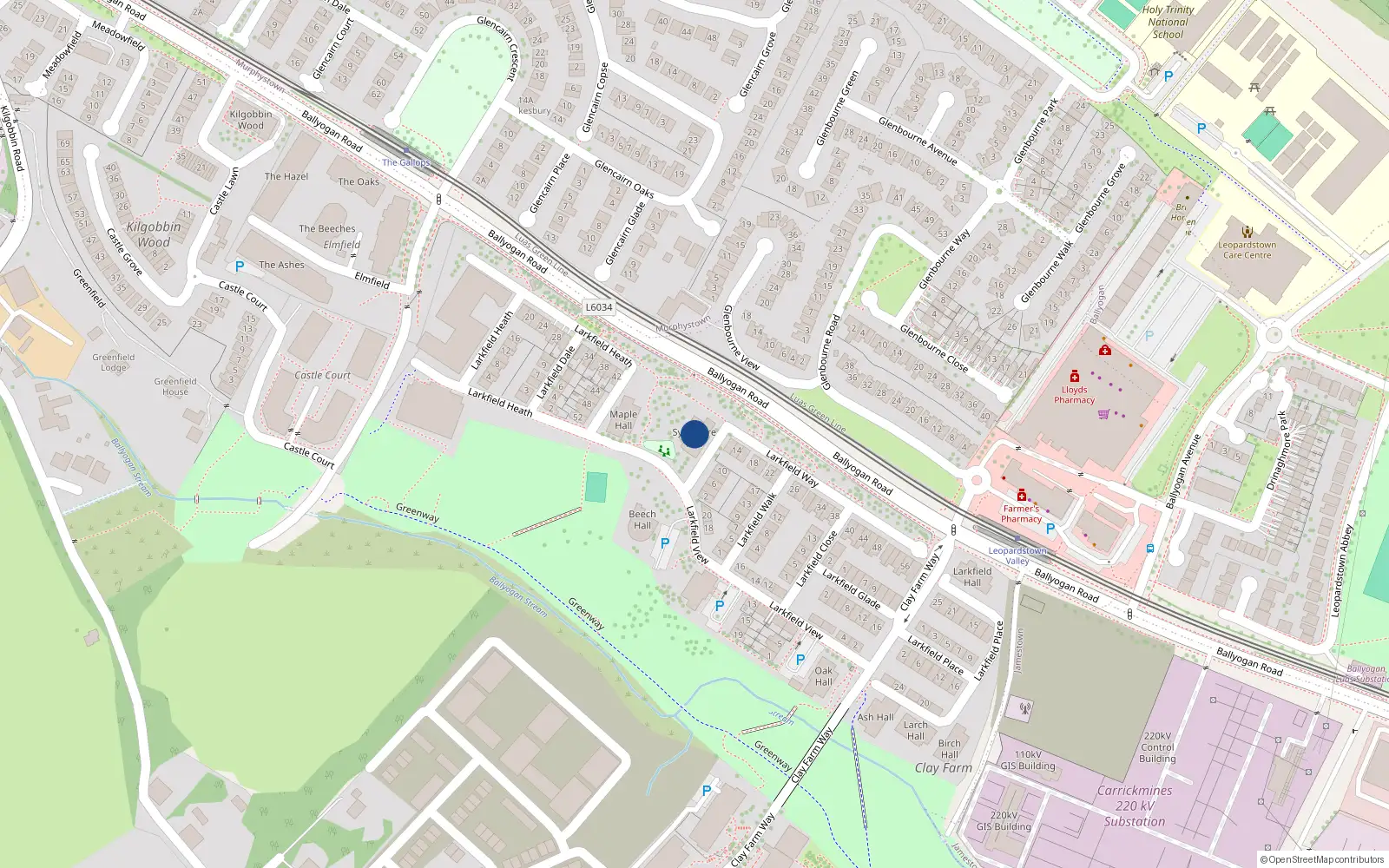 Overhead map showing the location of 18 Sycamore Hall, Clay Farm, Leopardstown