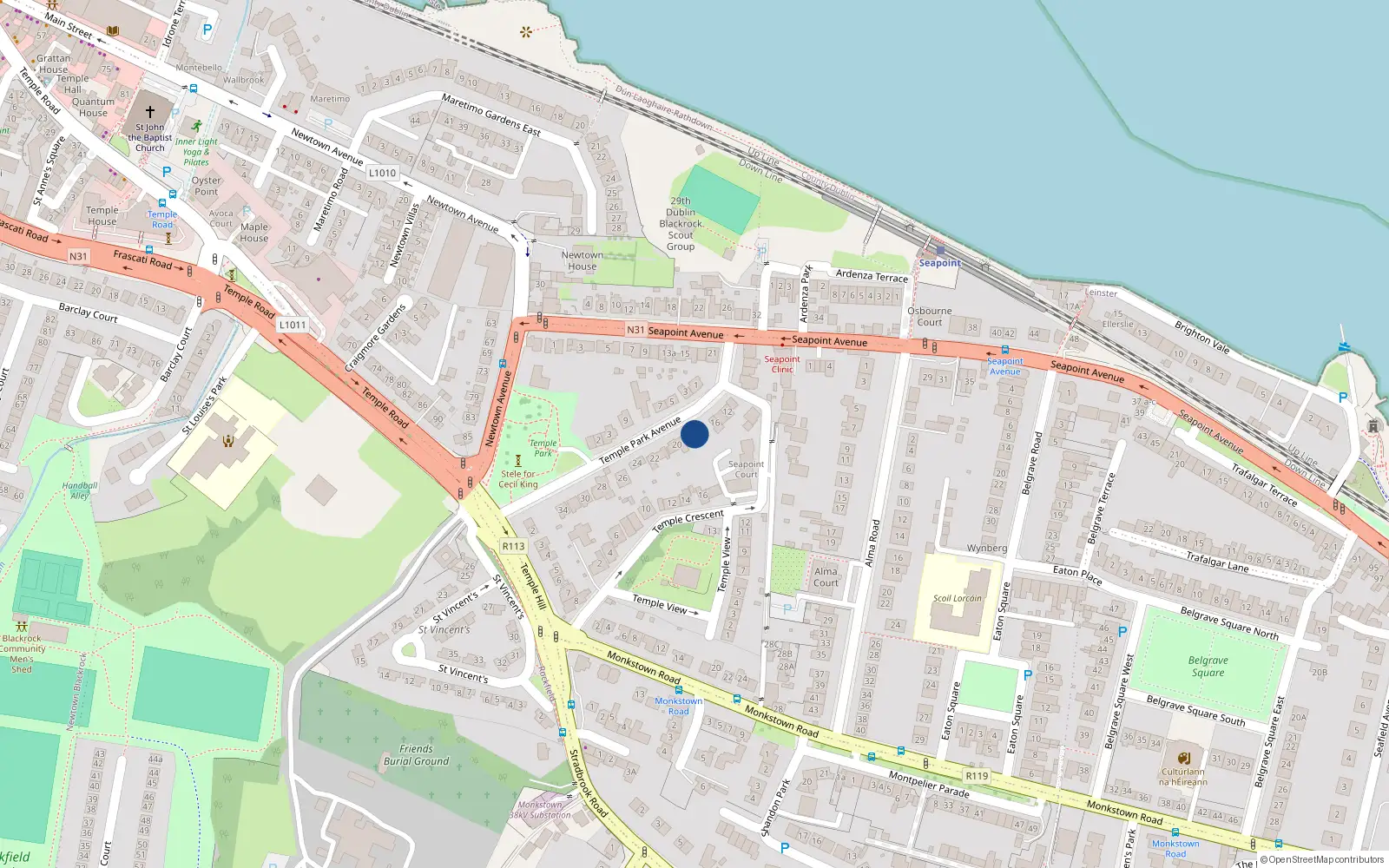 Overhead map showing the location of 18 Temple Park Avenue, Blackrock, Co Dublin