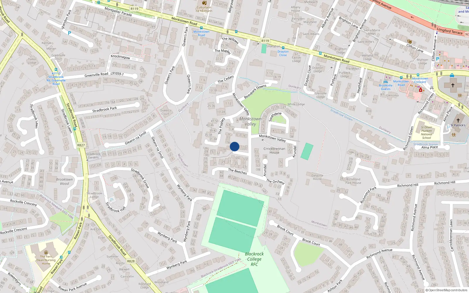 Overhead map showing the location of 18 The Beeches, Monkstown