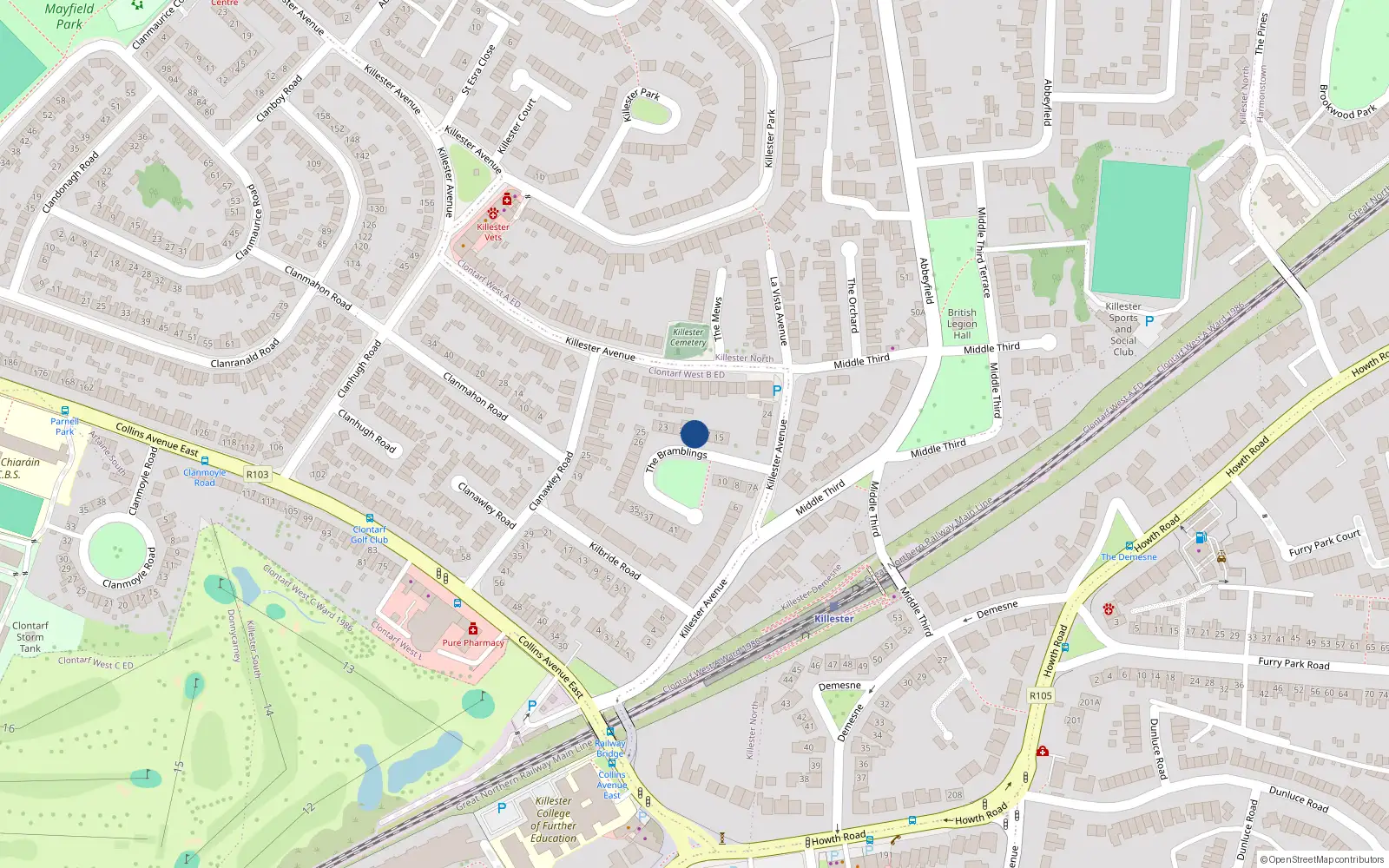 Overhead map showing the location of 18 the Bramblings, Killester, Dublin 3