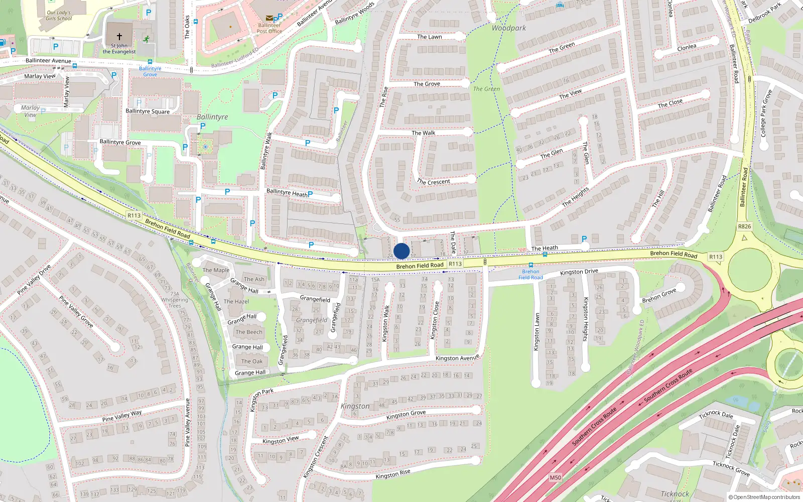 Overhead map showing the location of 18 The Copse, Ballinteer