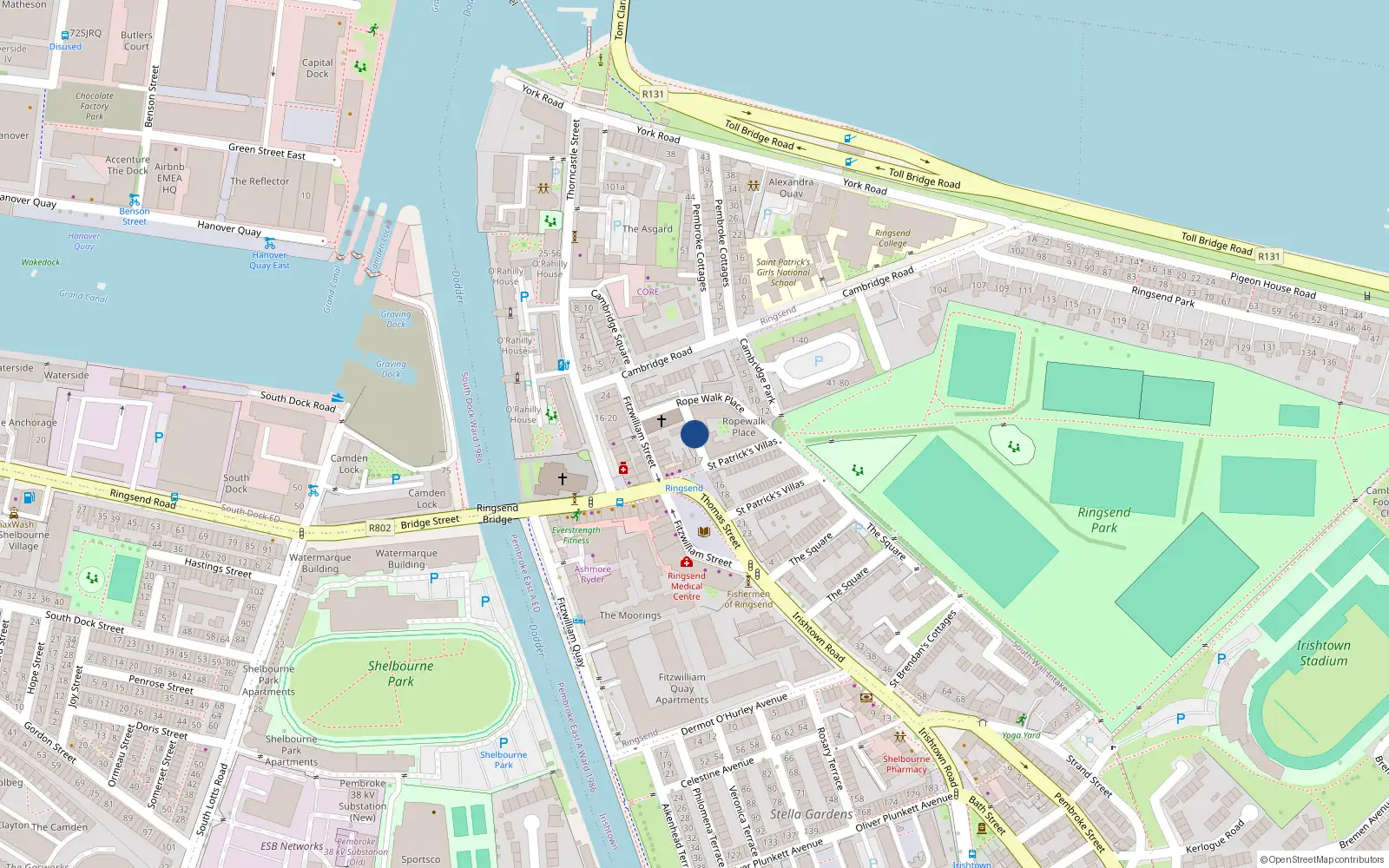 Overhead map showing the location of 18 the Elms, Parkview Place, Ringsend