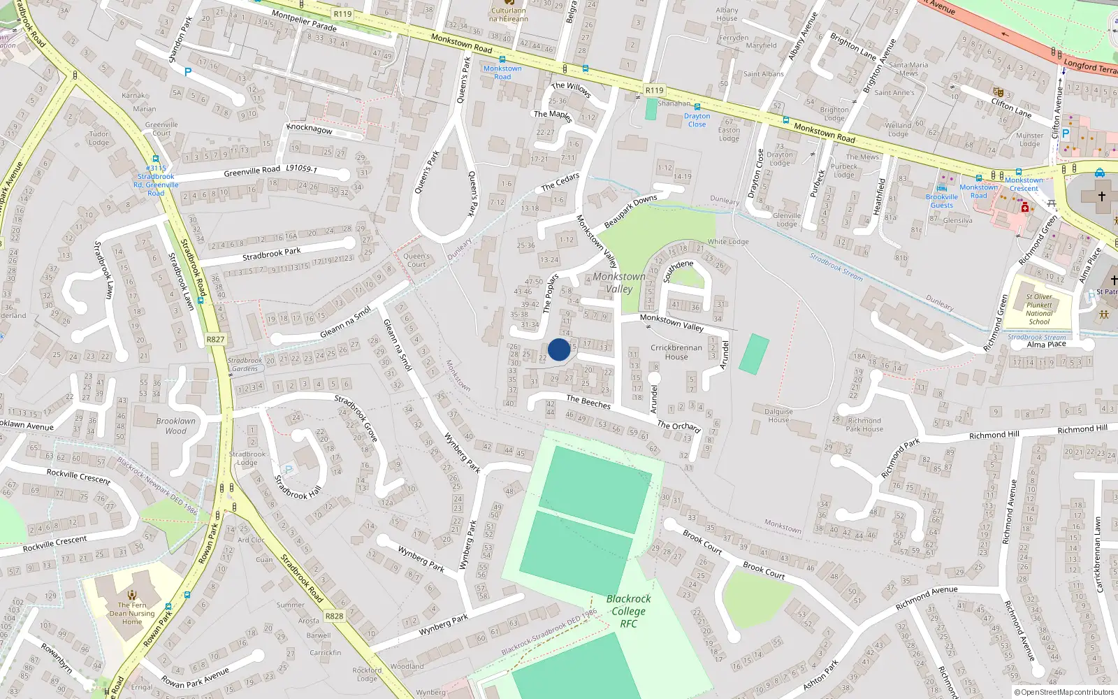 Overhead map showing the location of 18 The Poplars, Monkstown